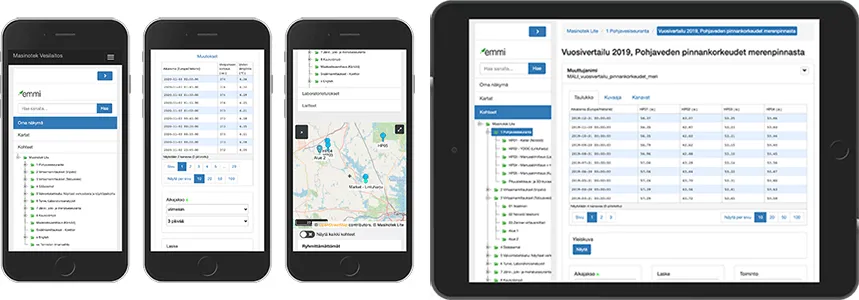 Emmi-jarjestelmän mobiili näkymiä.