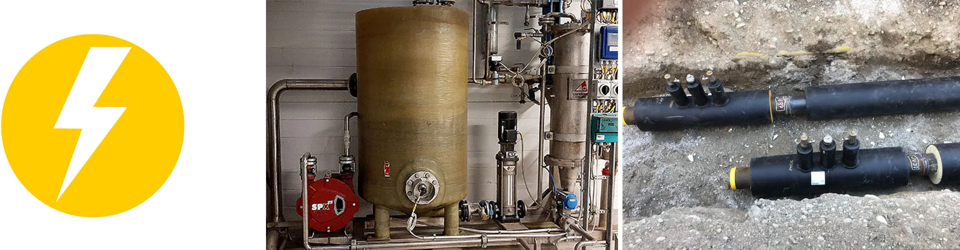 Masinotek energialaitos ikoni keltaisella pohjalla. Energialaitos. Kaukolämpöverkko kunnostustyö