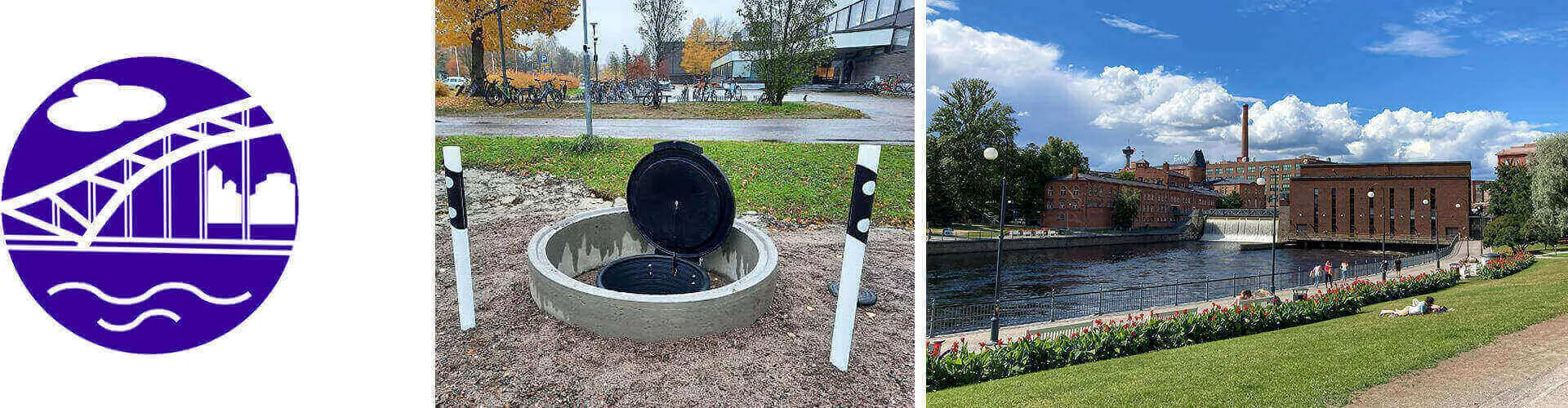 Masinotek kunta-infra ikoni. Koulun pihalla mittauskaivo huollossa. Tampere Koskipuisto ja Tammerkoski.