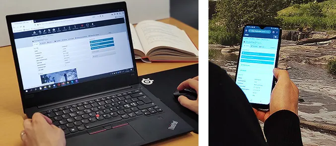 Ahjo-sovelluksen kanssa työskentelyä laptopilla ja mobiilisti.