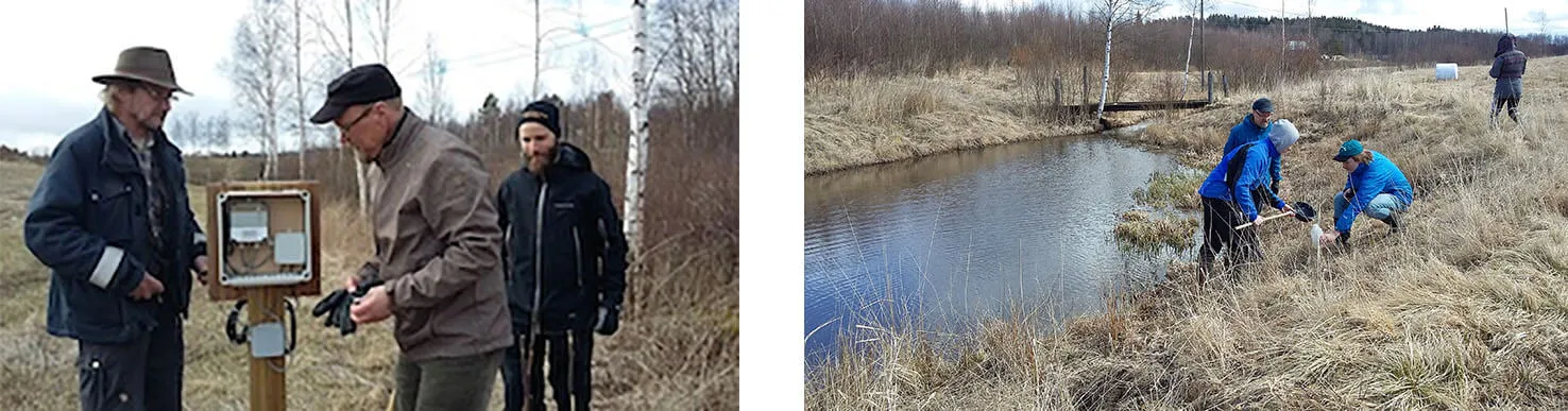 Kolme miestä tutkii mittauspisteen laitetta. Tutkijat ottamassa näytteitä pellon viereisestä ojasta