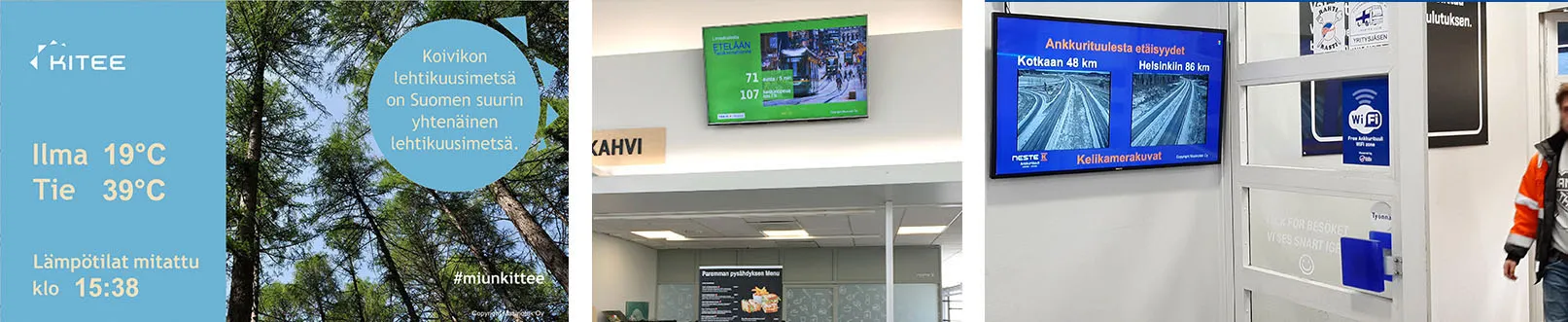 Masmonitor näkymiä kuvia lämpötiloista ja liikenneseurannasta.