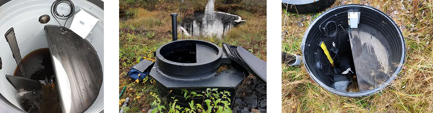 V-patomittauskaivo metsässä, kuva kaivon sisältä ja päältä
